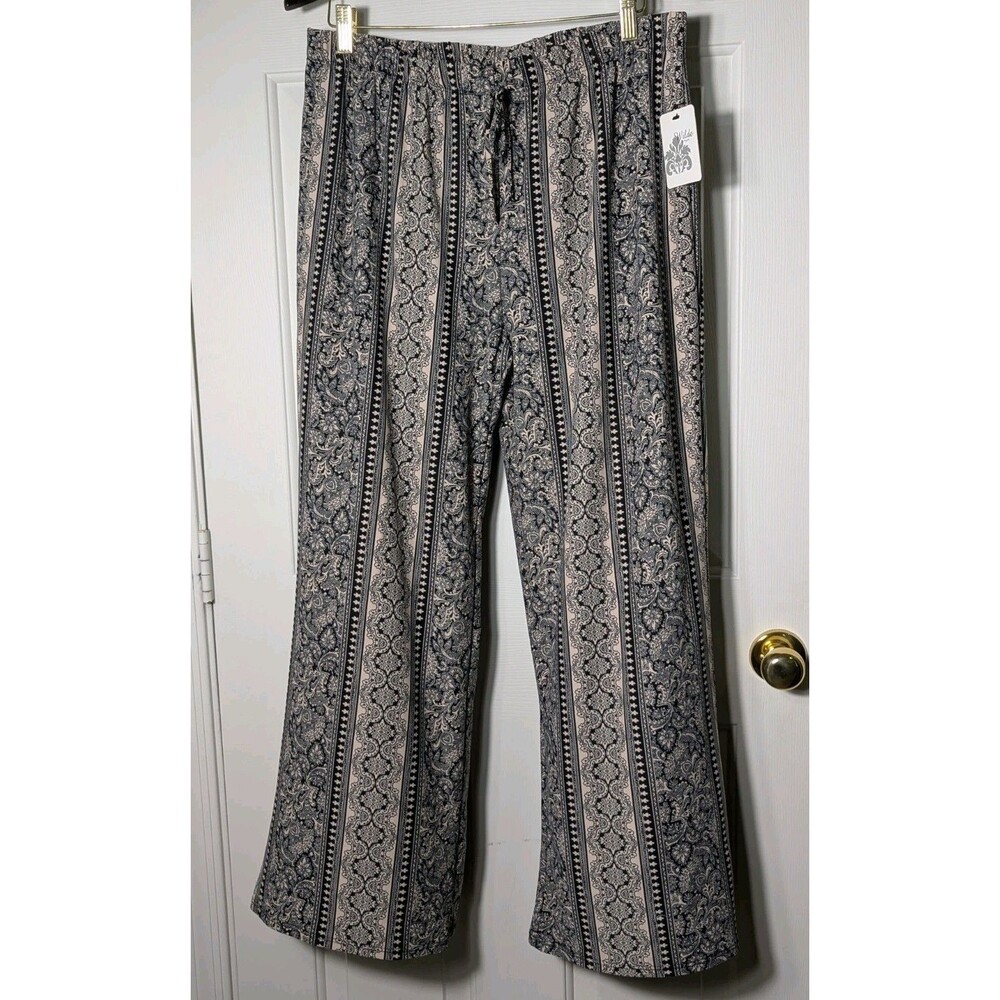 NWT Wilde Drawstring Pants Womens 1X XL Black Beige Damask Striped Wide Leg Boho
